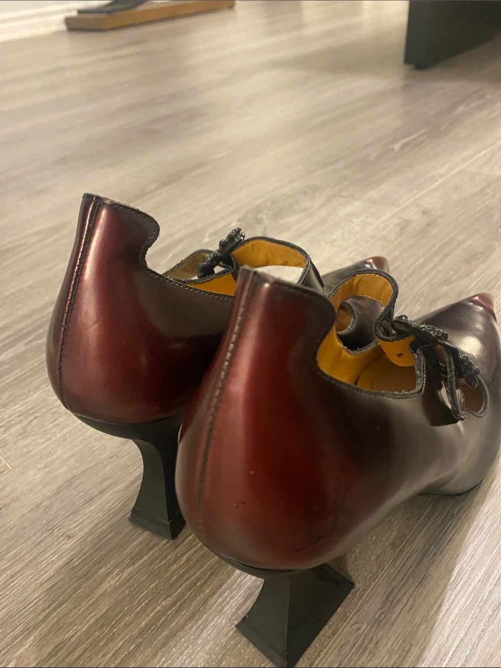 John Fluevog Women's Burgundy Leather Heels with Sculpted Block Heel